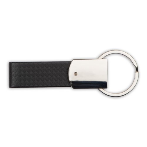 Zwarte kunstlederen sleutelhanger met metalen ring.