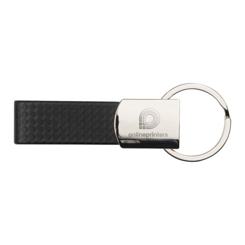 Zwarte lederen sleutelhanger met metalen ring.