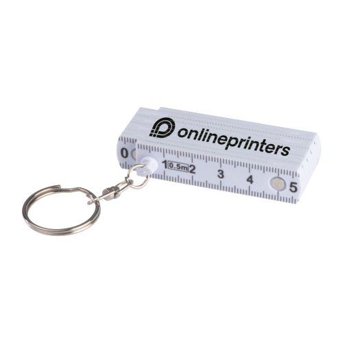 Witte plastic sleutelhanger met duimstok en metalen ring.