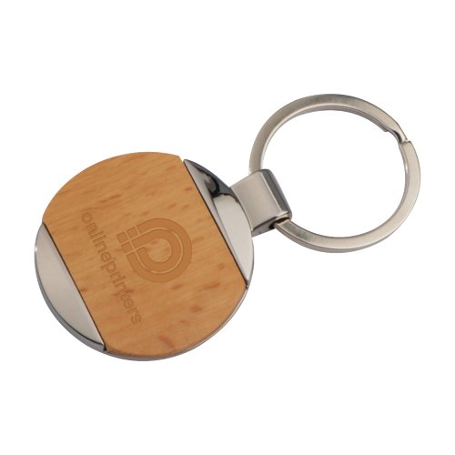 Houten en metalen sleutelhanger met metalen ring.