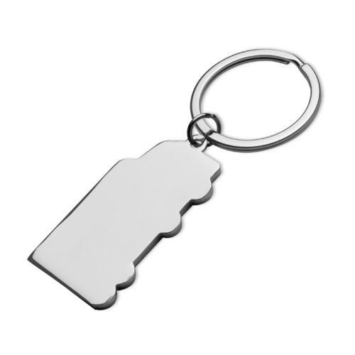 Grijze metalen sleutelhanger met patroon en sleutelring.