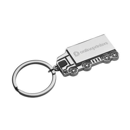 Zilveren metalen sleutelhanger in vrachtwagenvorm met ring.