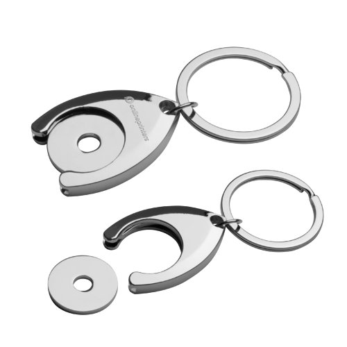 Metalen sleutelhanger met winkelwagenmunt en metalen ring.