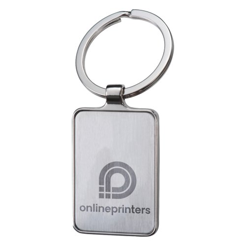 Metalen sleutelhanger met rechthoekige vorm en metalen ring.