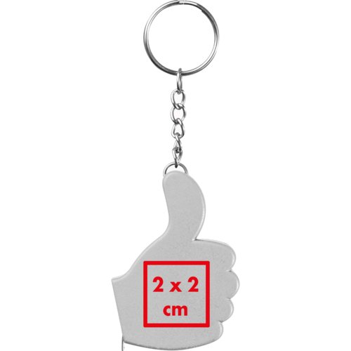 Zilveren metalen duimvormige sleutelhanger met ring.