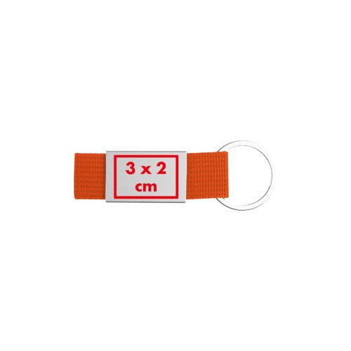 Oranje stoffen sleutelhanger met metalen ring.
