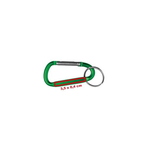 Groene metalen sleutelhanger met karabijnsluiting.