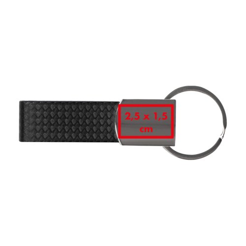 Zwarte kunstleren sleutelhanger met metalen ring.