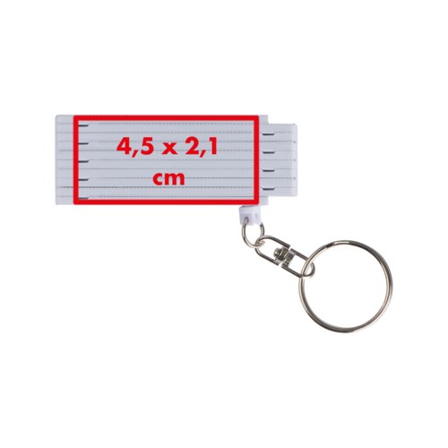 Witte plastic sleutelhanger met een halve meter rolmaat en metalen ring.