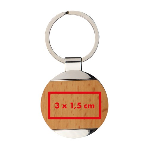 Houten en metalen sleutelhanger met langwerpige vorm en metalen ring.
