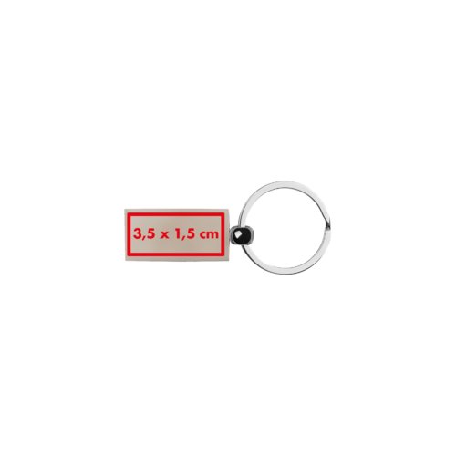 Metalen sleutelhanger in rechthoekige vorm.