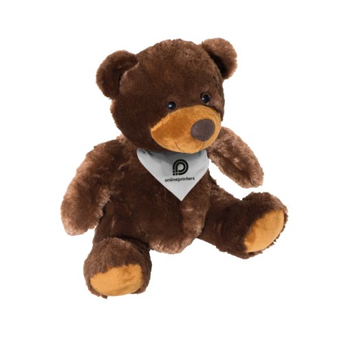 Bruine pluchen teddybeer met sjaal.