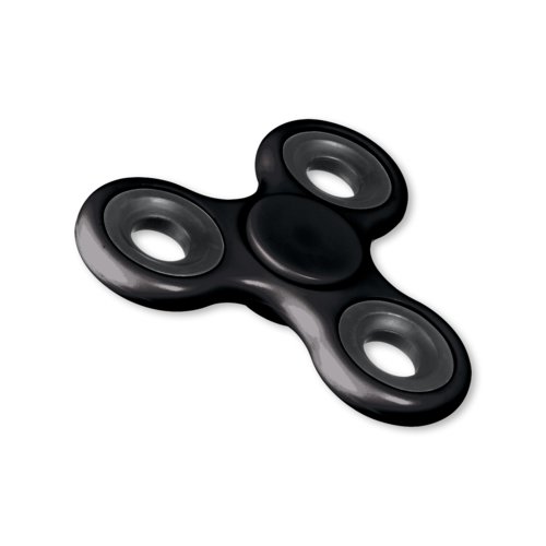 Zwarte plastic fidget spinner met drie wieken.