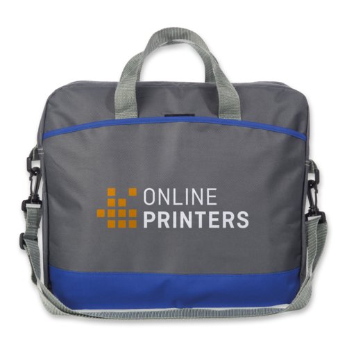 Blauwe polyester laptoptas met handvatten en schouderriem.