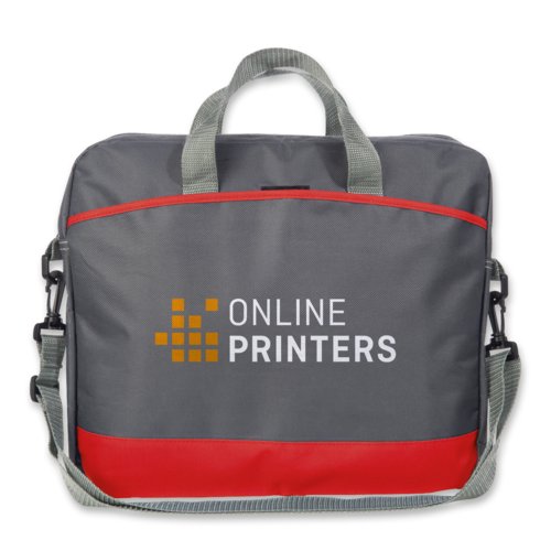 Rode synthetische laptoptas met handvatten en schouderriem.