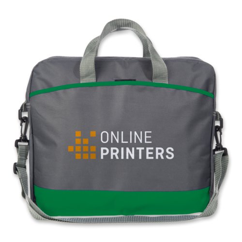 Groene stoffen laptoptas met handgrepen en schouderband.