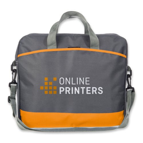 Oranje laptoptas met handgrepen en schouderriem.
