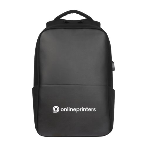 Zwarte polyester rugzak met USB-poort.