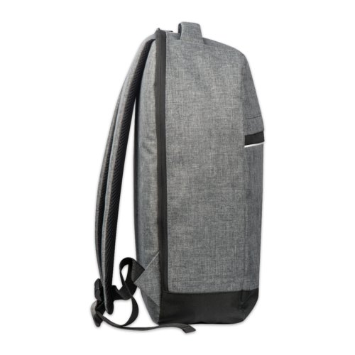 Grijze stoffen laptoprugzak met ritssluiting.