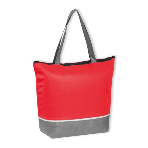 Rode non-woven koeltas met rits en handvatten.