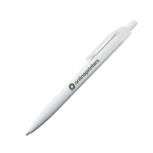 Witte plastic balpen met clip en drukknop.