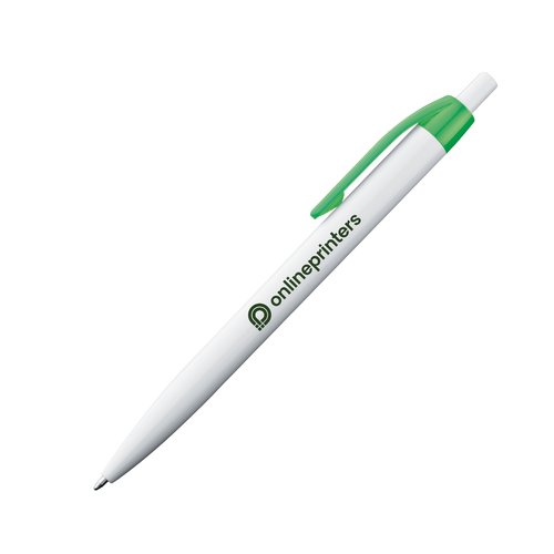 Witte plastic balpen met gekleurde clip en drukmechanisme.