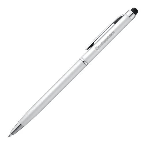 Witte balpen met touchscreen functie en clip.