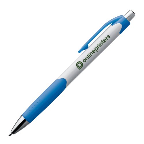 Blauwe plastic balpen met clip en drukknop.