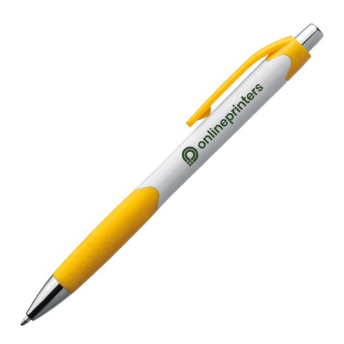 Gele plastic balpen met clip en drukknop.
