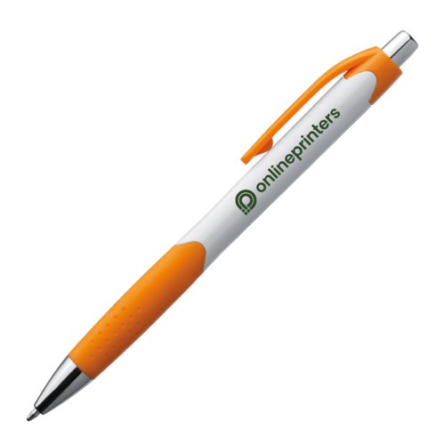 Oranje plastic balpen met clip en drukknop.