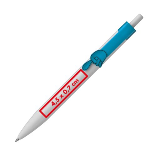 Witte plastic balpen met gekleurde clip en drukmechanisme.
