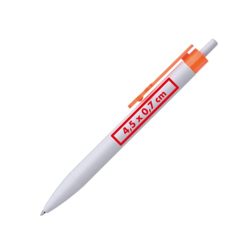 Witte plastic balpen met oranje clip en drukmechanisme.
