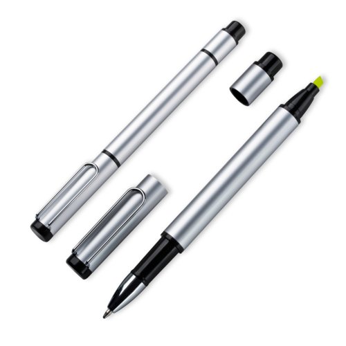 Grijze metalen dubbele pen met balpen en markeerstift.