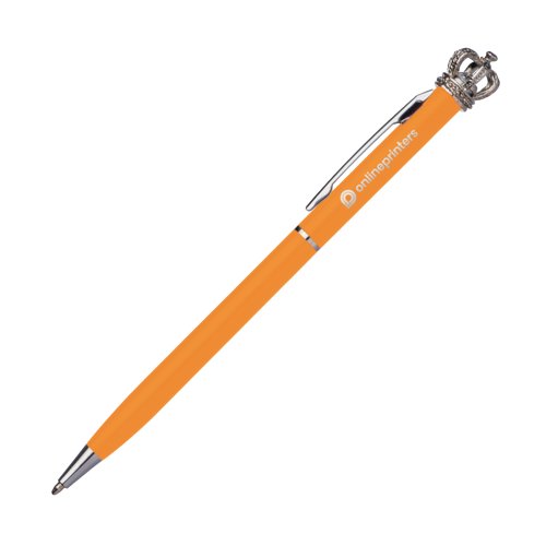 Oranje metalen balpen met clip en kroon decoratie.