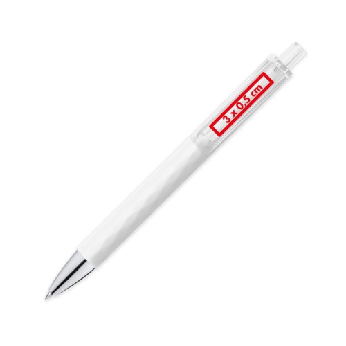Witte kunststof balpen met clip en drukmechanisme.