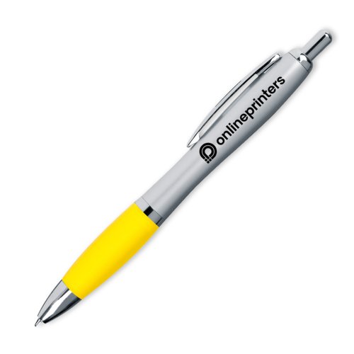 Gele balpen met clip en drukmechanisme.
