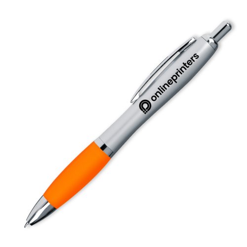 Oranje plastic balpen met clip en drukknop.
