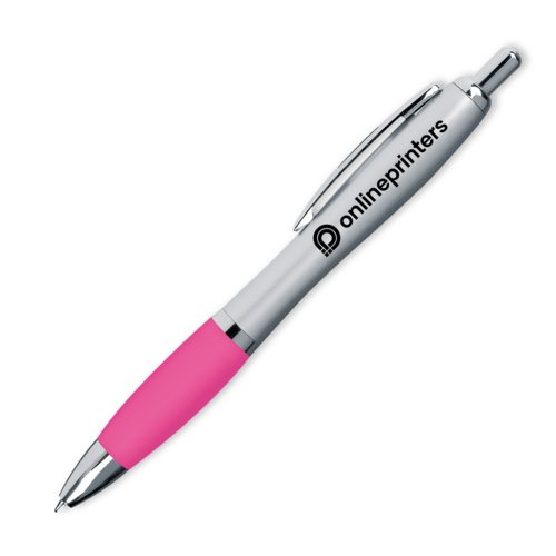Roze balpen met clip en drukmechanisme.
