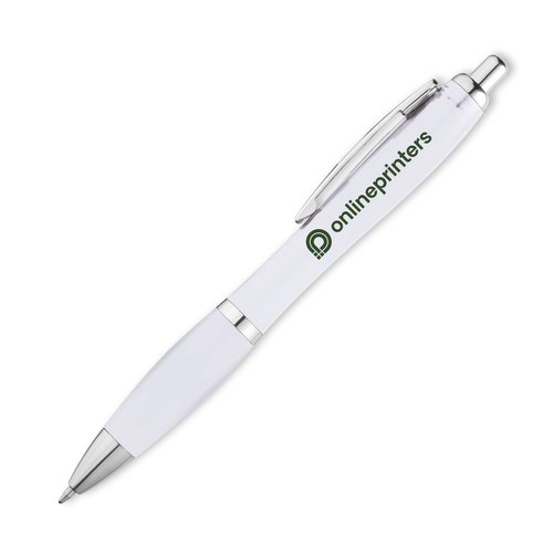 Witte kunststof balpen met clip en drukknop.