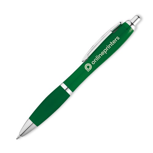 Groene balpen met clip en drukmechanisme.