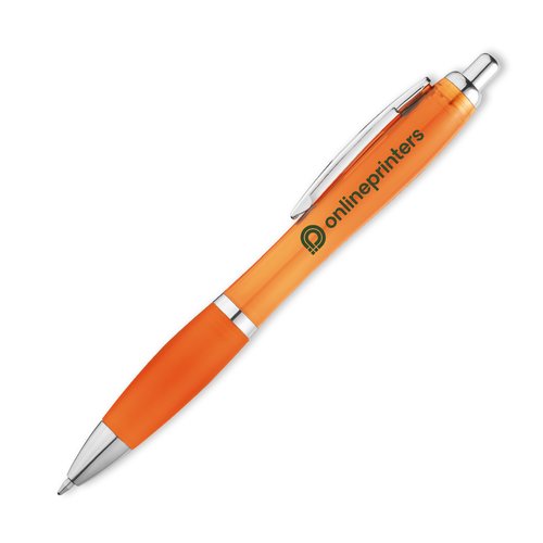 Oranje plastic balpen met clip en drukknop.