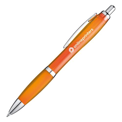 Oranje plastic balpen met clip en drukknop.