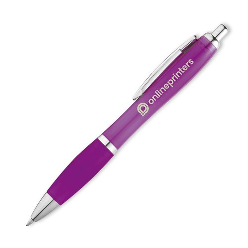 Paarse plastic balpen met clip en drukknop.