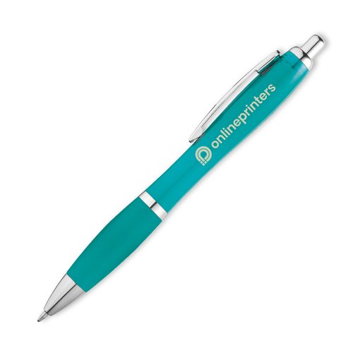 Turkooizen plastic balpen met clip en drukknop.