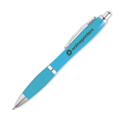 Lichtblauwe balpen met clip en drukknop.
