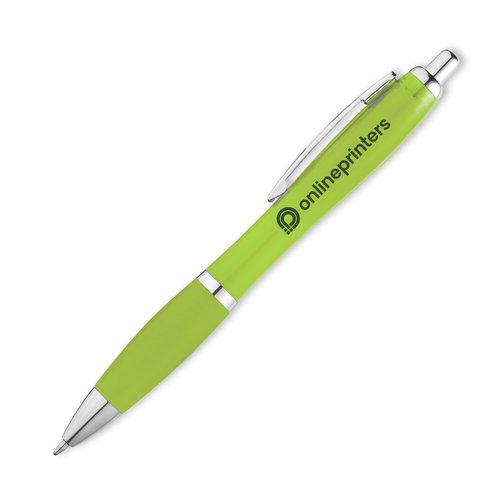 Appelgroene plastic balpen met clip en drukknop.