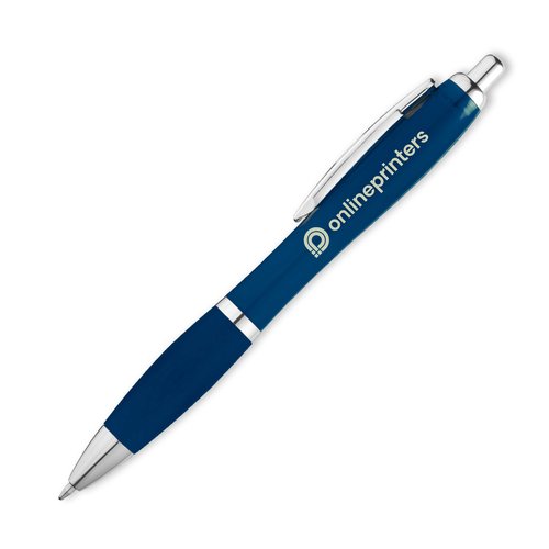 Donkerblauwe balpen met clip en drukknopmechanisme.