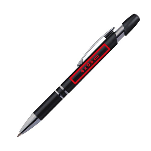 Zwarte metalen balpen met clip en drukknop.