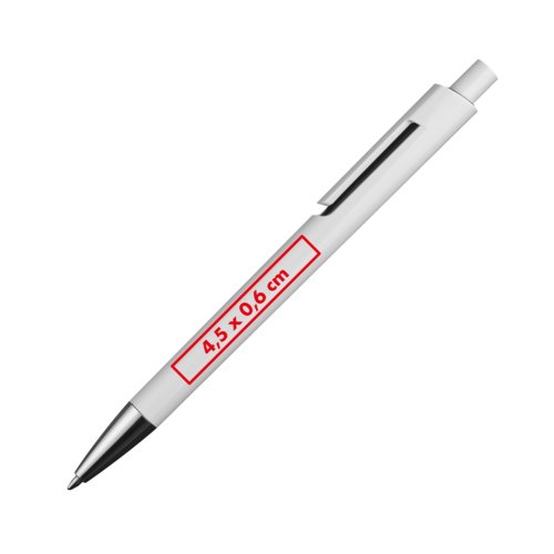 Witte balpen met clip en drukmechanisme.