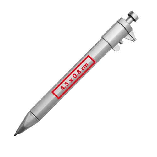 Zilverkleurige metalen balpen met schuifmaat en drukmechanisme.